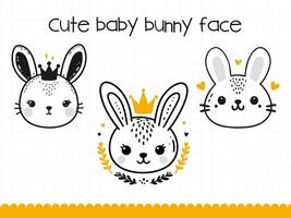 Cute bunny face in simple doodle style set. vector