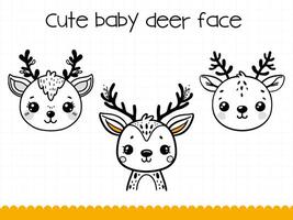 Cute deer face in simple doodle style set. vector