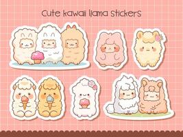 Cute kawaii llamas with ice cream sticker sheet. vector