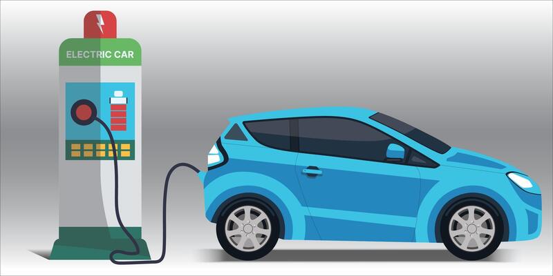 Blue electric car at charging station. Vehicle is being charged. EV vehicle battery is plugged in and gets electricity from solar panels renewable power generator, wind turbine.