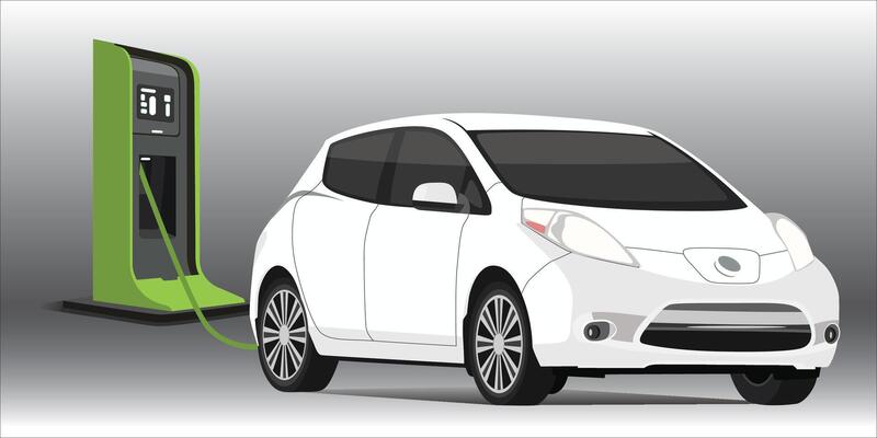 White electric car at charging station. EV vehicle battery is plugged in and gets electricity from solar panels renewable power generator, wind turbine. Vehicle is being charged.