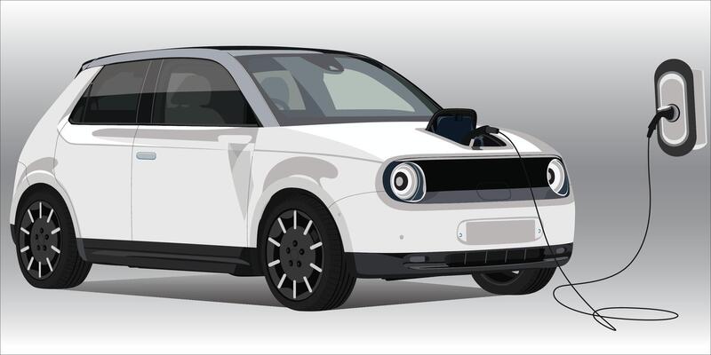 White electric car at charging station. Vehicle is being charged. EV vehicle battery is plugged in and gets electricity from solar panels renewable power generator, wind turbine.
