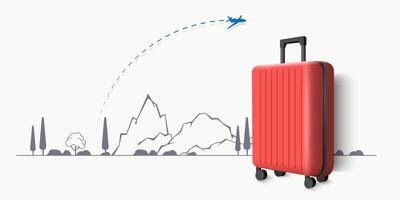 Red suitcase 3d style with different travel elements vector