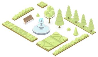 isométrica parque paisaje elementos conjunto con árboles, arbustos, fuente y flor camas vector ilustración
