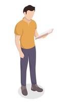 Man stands and reads a book. Isometric education hobby concept vector illustration.