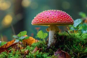 AI generated a red mushroom sits under the moss of the forest photo