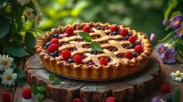 AI generated Fresh berry pie on a wooden table in a wide summer garden photo