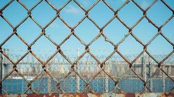 AI generated The intricate lattice of an industrial metal fence, a visual contrast within the urban landscape photo