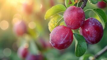 AI generated Beautiful juicy ripe plums hang on a branch in the summer garden photo