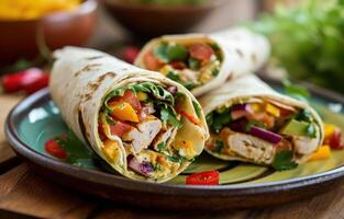 AI generated healthy wrap ideas recipes, warmcore, yellow and bronze, jack butler yeats, melds mexican and american cultures photo