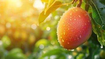 AI generated Beautiful juicy ripe mango hang on a branch in the summer garden photo