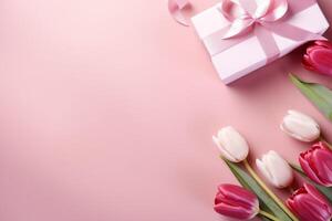 AI generated pink tulips and gifts on pink background photo