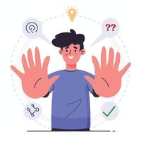 man with hands up and icons around him, refuse concept vector