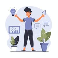 a man is standing in front of a plant with a light bulb vector