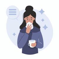 illustration of a woman with a cold, sneezing and coughing vector