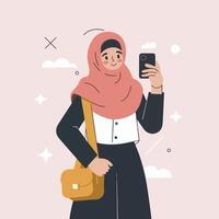 musulmán mujer en hijab tomando selfie con teléfono inteligente vector ilustración