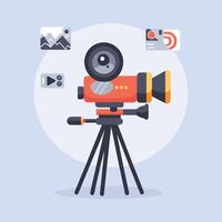 video camera on tripod with icons around it vector