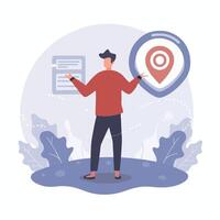 hombre con mapa alfiler y papel documento en mano, plano diseño ilustración vector