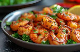 AI generated roasted shrimp in a black or brown plate photo