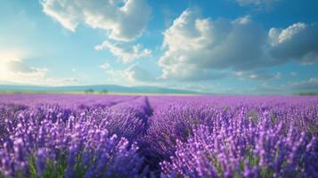 AI generated Beautiful natural background with lavender field and blue sky large copyspace area with copy space for text photo
