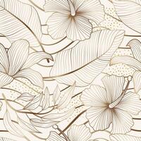 Gold Outline floral seamless pattern with leaves. tropical background vector