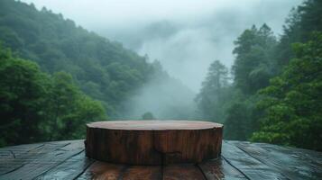 AI generated A minimalist wooden podium positioned within a serene, misty forest photo