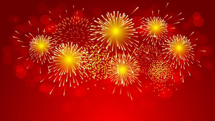 Gold fireworks celebration on red background for Chinese new year
