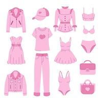 Set of pink clothes for girls. Spring and summer looks. Clothes and accessories. Vector illustration