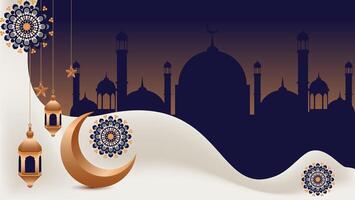 islamic background with mandala, golden crescent, golden lantern, stars and mosque silhouette. vector illustration