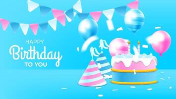 happy birthday card with cake, balloons, confetti, hat, and triangle decoration in blue, white and pink color. vector illustration