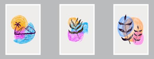 set of botanical wall art. nature drawing art with abstract texture. vector illustration