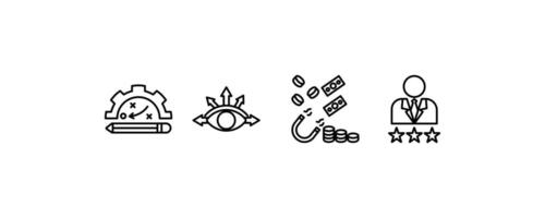 Editable line icon set of business strategy symbols set for personal focus, creative thinking, brainstorming session, ambition, goals and success. vector