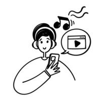 hand drawn doodle play music or video button on mobile phone vector