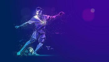 graphic of wireframe low poly soccer player dribing football vector