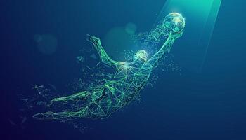 graphic of wireframe low poly goalkeeper catching football in futuristic style vector