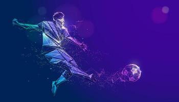 graphic of wireframe low poly soccer player shooting football vector