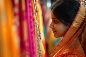 ai generado indio mujer compras en el indio ropa tienda bokeh estilo antecedentes con generativo ai foto