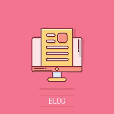 Blogging icon in comic style. Social media communication cartoon vector illustration on isolated background. Content splash effect business concept.