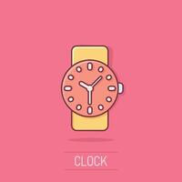 Wrist watch icon in comic style. Hand clock cartoon vector illustration on isolated background. Time bracelet splash effect business concept.