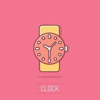 Wrist watch icon in comic style. Hand clock cartoon vector illustration on isolated background. Time bracelet splash effect business concept.