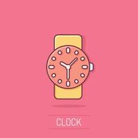 muñeca reloj icono en cómic estilo. mano reloj dibujos animados vector ilustración en aislado antecedentes. hora pulsera chapoteo efecto negocio concepto.