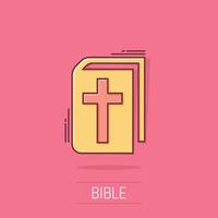 Bible book icon in comic style. Church faith cartoon vector illustration on white isolated background. Spirituality splash effect business concept.