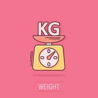 Scale icon in comic style. Kilogram dumbbell cartoon vector illustration on white isolated background. Gym splash effect business concept.