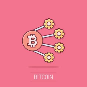 bitcoin icono en cómic estilo. blockchain dibujos animados vector ilustración en aislado antecedentes. criptomoneda chapoteo efecto negocio concepto.