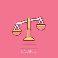 Scale balance icon in comic style. Justice cartoon vector illustration on isolated background. Judgment splash effect business concept.