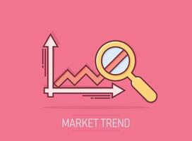 Market trend icon in comic style. Growth arrow with magnifier cartoon vector illustration on isolated background. Increase splash effect business concept.