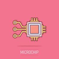 Computer chip icon in comic style. Circuit board cartoon vector illustration on isolated background. Cpu processor splash effect business concept.