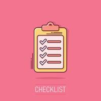 To do list icon in comic style. Document checklist cartoon vector illustration on isolated background. Notepad check mark splash effect business concept.