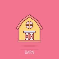 Barn icon in comic style. Farm house cartoon vector illustration on isolated background. Agriculture storehouse splash effect business concept.