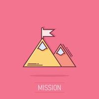 Mission champion icon in comic style. Mountain cartoon vector illustration on isolated background. Leadership splash effect business concept.